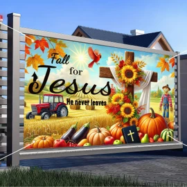 BlissYard Fall Thanksgiving Backdrop Banner 71x43 Inchs Fall for Jesus He Never Leaves Backdrop Autumn Pumpkin Sunflower Thanksgiving Party Supplies Banner Autumn Theme Outdoor Decor