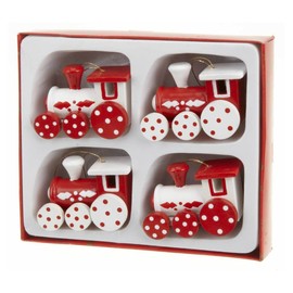 Set of 4 Red & White Wooden Train Christmas Decorations (5cm) by Heaven Sends