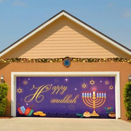 Happy Hanukkah Garage Door Cover, Chanukah Garage Door Decorations Cover Banner 6 x 13Ft with 8 Reinforced Rings, Happy Hanukkah Large Backdrop Decoration for Garage Party Wall Door Gate