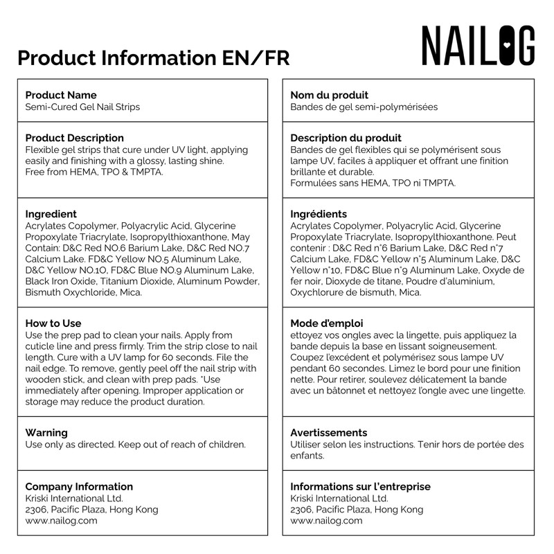 NAILOG Semi-Cured Gel Nail Strips, 20 Strips, Long Lasting, Salon-Quality,