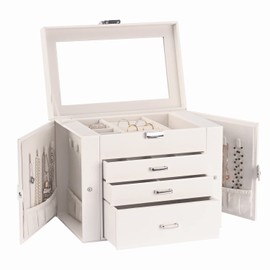 DQUTAR Jewelry Box for Women 4-layer Leather Large Jewelry Organizer Box with Drawers&Mirror for Necklace/Ring/Earring/Watch Storage (White)