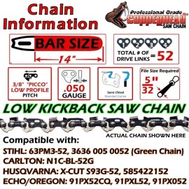 For Dolmar COPPERHEAD 14" BAR & CHAIN KIT DOLMAR ES171 PS3410T SAWS -3/8 LP, .050 GA, 52 DL