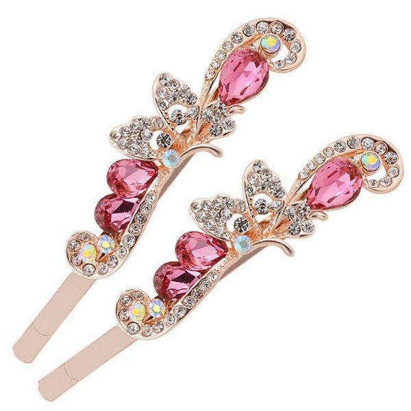 2PCS Rhinestone Flower Hair Clips Butterfly Graphics Hairpin Side Clip Bobby Pin Hair Accessories for Women Lady (Pink)
