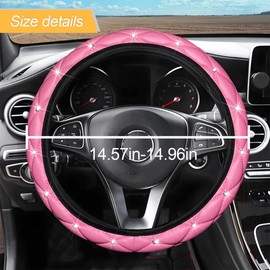 Diamond Soft Leather Steering Wheel Cover, 15 Inch Bling Elastic Steering Wheel Protector with Sparkly Crystal Rhinestones, Auto Accessories Universal for SUV, Truck, Van, Car (Pink)