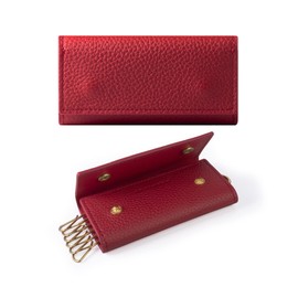 HANATORA Genuine Leather Key Case, Trifold, 2 Buttons, 6 Hooks, Shrink Leather, Saffiano Leather, Men's, Women's, Simple, Smart Leather, Keys, CK, red