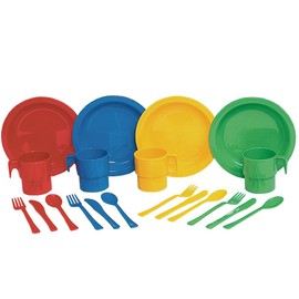 Constructive Playthings 20 pc. Indestructible Play Dishes Service for 4 Includes Place Settings of Cups, 6 1/2" diam. Plates and Silverware Each in 4 Colors for Ages 19 Months and Up, Model Number: ASC-796