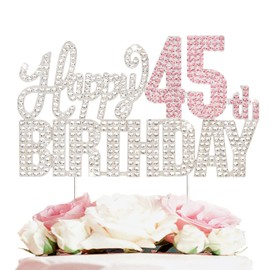 Nelbiirth Decoración para tartas con diamantes de imitación plateados y rosados para cumpleaños 45, con texto en inglés «Cheers to 45 Years» y «Cheers to 45th Birthday»