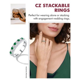 DAYBYDAY Emerald Ring 925 Sterling Silver Band Rings for Women Cubic Zirconia Wedding Band Anniversary Ring Size 7