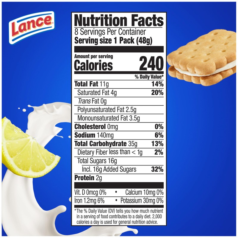 Lance Sandwich Cookies, Nekot Lemon Creme, 8 Individually Wrapped Packs,