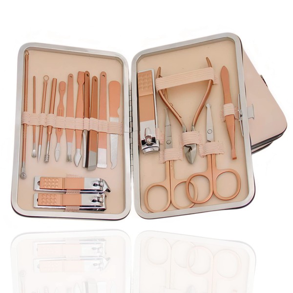 Manicure Set,18 In 1 Professional Women Grooming kit, Pedicure Kit, Nail Clippers and Beauty Tool Portable Set, Rose Gold Stainless Steel Manicure Set with Luxurious Travel Case(Rose Gold) (18pcs)