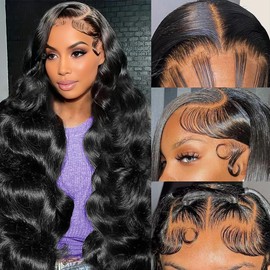 13x6 Body Wave Lace Front Wigs Human Hair 180% Density Bleached Knots Lace Frontal Wigs for Black Women Long Wig Natural Black (20 inch)