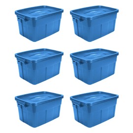 Rubbermaid Roughneck Tote 14 Gal, 6 Pack, Made in USA, Herirage Blue, Rugged Plastic Stackable Storage Bins with Lids and Handles