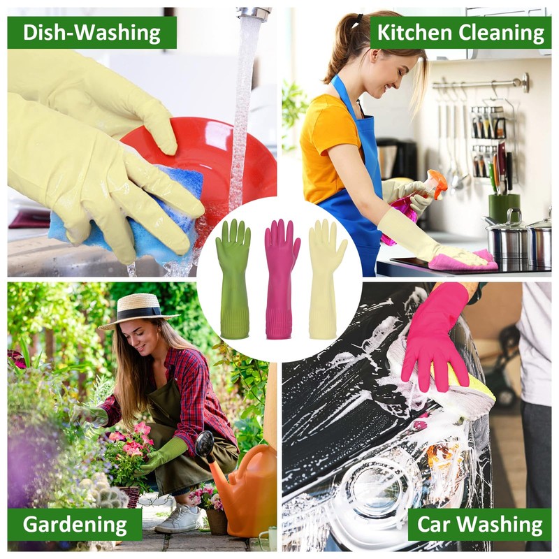 WATUNID 3 Pairs of Household Gloves, Long Rubber Gloves, Reusable