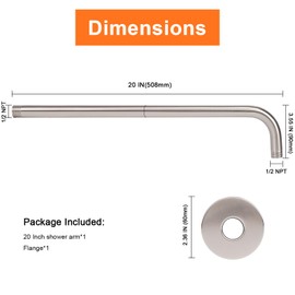 HarJue Shower Arm with Flange and Teflon Tape, Wall Mounted Shower Pipe Arm 304 Stainless Steel Extension Arm for Fixed Shower Head & Handheld Showerhead (20 Inch, Brushed Nickel)