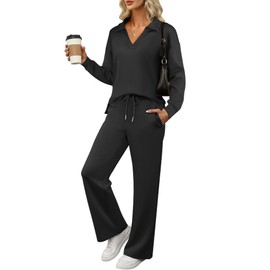 ANRABESS Women's 2 Piece Outfits Lounge Sets Casual Long Sleeve Sweatsuits Polo Top Wide Leg Pants Fall Sweat Matching Sets Black X-Large