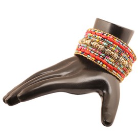 Touchstone Sunsoul Indian Bollywood Handcrafted Beautiful Multicolor Glass Beads Golden Thin Balls Twisted Wire Charming Look Designer Jewelry Cuff Bracelet In Gold Tone For Women.