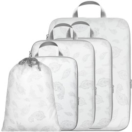 Cambond Compression Packing Cubes for Travel, 5 Pack Luggage Expandable Packing Organizers Compression Cubes for Suitcases with Laundry Bag, White Teardrop-shaped Texture