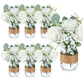 Yuxung 43 Pcs/ 6 Set Rose Mason Jar Table Centerpiece Mason Jar Vases Faux Floral with Rope Boho Rustic Flower Table Decoration for Reception Engagement Party Bridal Shower Wedding