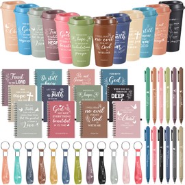 Skylety 48 Pcs Christian Gifts Set Bulk Church Gift for Women Include Inspirational Bible Verse Notebook 16oz Coffee Cup Religious Pen Keychains for Teacher Women Friends (Morandi Color)