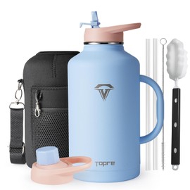 Topre 64 oz Insulated Water Bottle with Straw and Lid, Half Gallon Stainless Steel Cup with Handle,Leakproof Metal Travel Jug Flask Mug Tumbler Cup With Carry Pouch and Brush,Keep Cold & Hot,Blue