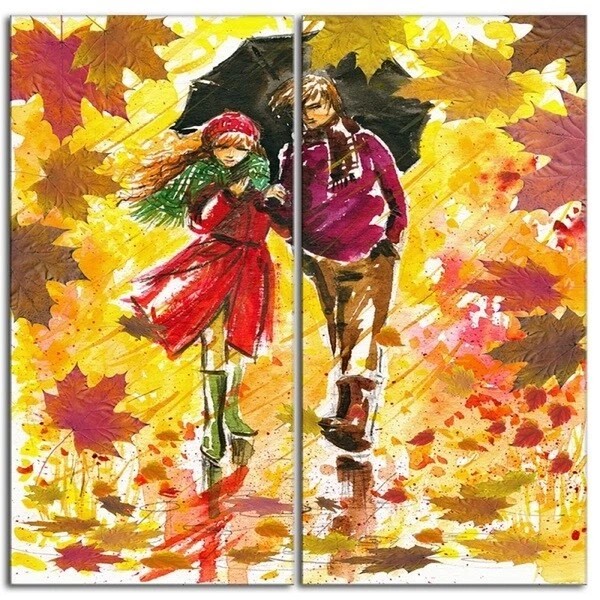 Designart - Autumn Walk of Couple - 2 Piece Landscape