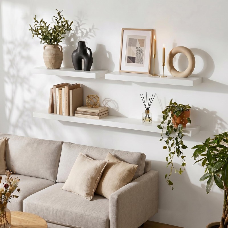 White Floating Shelves, 24 Inch Wood Shelves for Wall Set