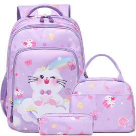 Kimwadalh Cat Backpack for School Girls, 3PCS Purple Cat Backpack with Lunch Bag Pencil Case Large Capacity Girls School Bookbag with Reflective Straps for Girl