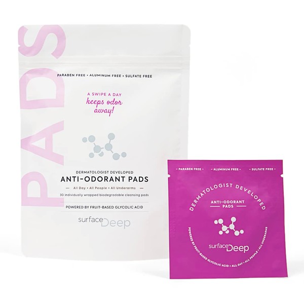Surface Deep • Anti-Odorant Pads • Dermatologist Developed, Clean, Glycolic Powered Natural Deodorant Innovation for Women and Men • Vegan • Cruelty Free • Biodegradeable • Pkg of 30