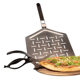 AGG Perforated Pizza Peel - 13x12 inch Stainless Steel Pizza Paddle with Scissors - Foldable Metal Pizza Shovel for Home Oven & Outdoor Grill - Essential Pizza Making Accessories Set