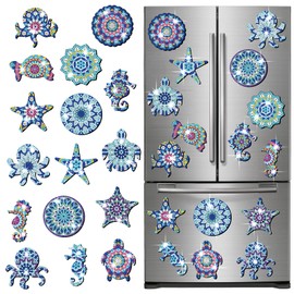 Copkim 16 Pcs Spring Diamond Art Painting Magnets Sea Mandala Refrigerator Magnets Sticker Turtle Ocean Diamond Art Kits for Adults Gift Fridge DIY Decorations