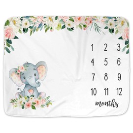 Girl Elephant Baby Monthly Milestone Blanket, Safari Elephant Baby Growth Chart Month Blanket, Watch Me Grow Baby Girl Floral Elephant Nursery Gift for New Moms Baby Shower, Includes Marker (50"x40")