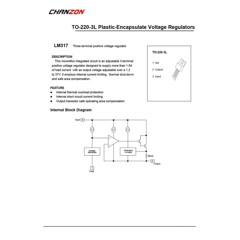 Chanzon LM317T TO-220-3L Positive Adjustable Voltage Regulator IC, Three Terminal