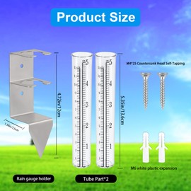 Rain Gauge,Rain Gauges Outdoors Best Rated with Stainless Steel Mounting Rack Holder,Freeze Proof Plastic Replacement Tube,Large Numbers,Rain Measure Gauge for Yard Garden Fence Lawn Patio Farm(5")