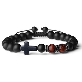 AWARDSEN Gemstone Necklace, Fashion Religion Cross Men 8 mm Natural Stone Black Matte Agate Beads Bracelet Elastic Bracelet Bangle Gift for Dad, Length:, No gemstone