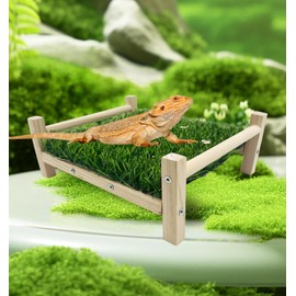 FlidRunest Bearded Dragon Hammock for Standing, Bearded Dragon Simulation Grass Hammock, Wooden Reptile Hammock Bearded Dragon Lounger