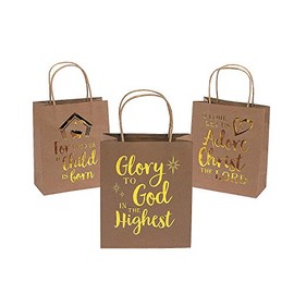 Fun Express Religious Gold Metallic Kraft Paper Gift Bags for Christmas (set of 12) Party Supplies