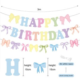 Pastel Happy Birthday Banner,Colorful Bow Birthday Banner Coquette Garland for Girls Woman Decoration (Pastel)