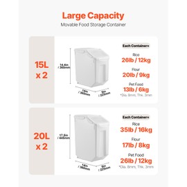 Happybuy Rice Storage Container, 3.5Gal/15Lx2 + 4.5Gal/20Lx2 Large Dog Food Dispenser Bin. Kitchen Ingredient Grain Cereal Bin. Pet Food Containers with Wheels, 4 Measuring Cups, Airtight Lid. 4 Pack.