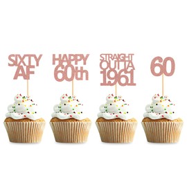 Keaziu Paquete de 48 adornos rectos de oro rosa Outta 1961 para cupcakes, 60 años de decoración de fiesta de cumpleaños