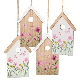 Logbuch-Verlag 4 Easter Pendants Small Wooden Houses with Flowers and String for Hanging Spring Easter Decoration Pink White 10.5 x 16 x 0.6 cm for Easter Shrub