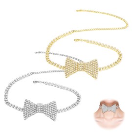 Sekonow 2 Pack Rhinestone Bow Necklace Chocker, Sparkly Diamond Bow Tie Necklace, Adjustable Giltter Crystal Bowknot Jewelry Chain for Women Party, Gold + Silver