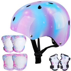 Children's Helmet Knee Elbow Wrist Pads Adjustable Knee Pads Elbow Pads Wrist Guards Skateboard Helmets for Scooter Cycling Scooter Skating Girls 3-8 Years