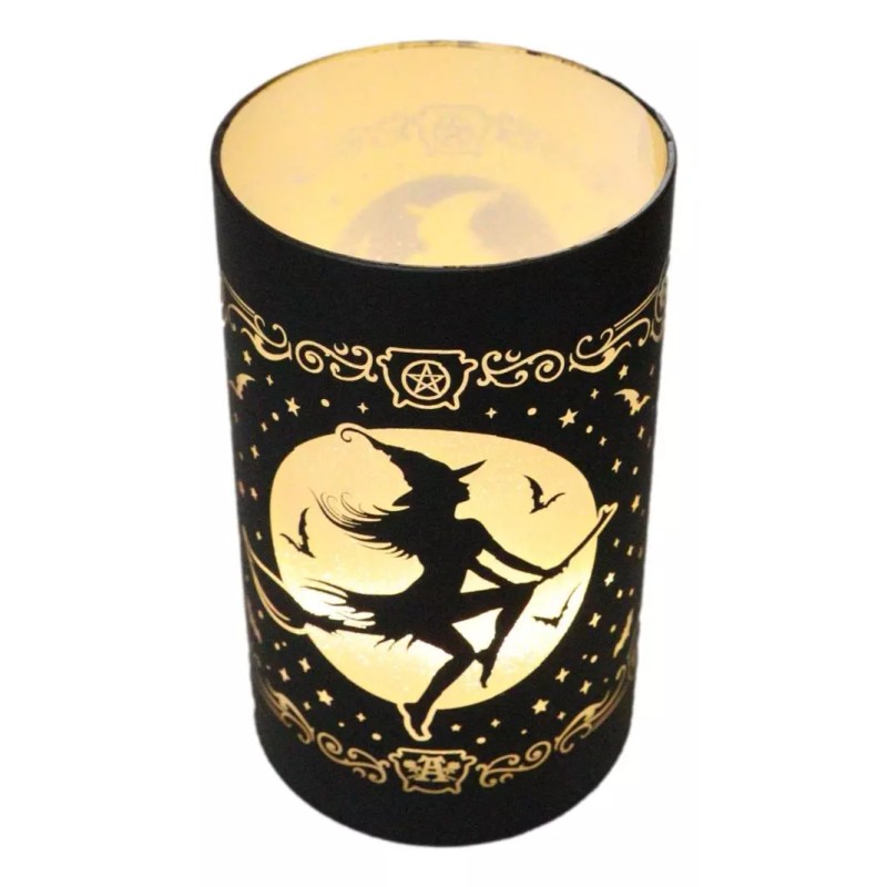 Wicca Witch by Moonlight On Broomstick with Bats LED Etched