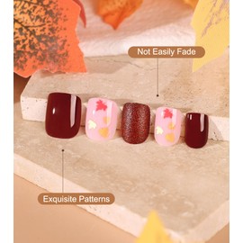 Kikmoya 24Pcs Fall Press on Nails Short Square Burgundy Fake Nails with Pink Maple Leaves Designs Glossy False Nails Autumn Nails Full Cover Stick on Nails for Women (Burgundy and Pink Maple Leaves)