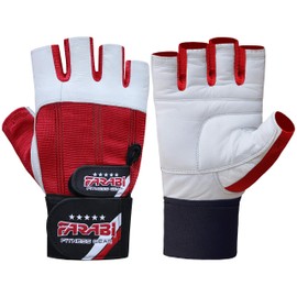Farabi Weight Lifting Gym training Gloves Real Leather with 4 Way Stretch Mesh Spandex Hook & Loop Closure (Red, Large)