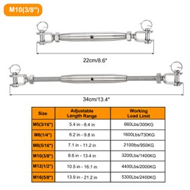 uxcell 2Pcs M10(3/8") Closed Body Jaw and Jaw Turnbuckles Wire Rope Tension, Stainless Steel Turnbuckle Adjustable Cable Tensioner for Shade Sail Clothesline, 3200Lbs Working Load Limit