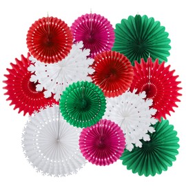 Easy Joy Christmas Decoration Paper Fans Pack of 12 Red White Green Christmas Tree Hanging Paper Fans for Christmas Decoration New Year Christmas Eve Wedding Birthday Table Decoration