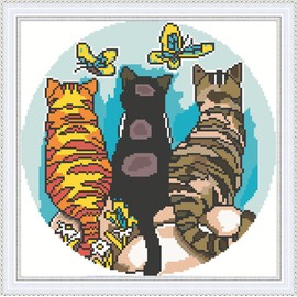 WOWDECOR Cross Stitch Embroidery Kits for Adults Kids, Three Cats Butterfly Animals 11CT Stamped DIY DMC Needlework Easy Beginners