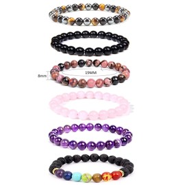 Epoch World 6 Pieces 8 mm Pearl Bracelet Natural Gemstone Bracelets Women Men Bracelets Beads Bracelet Set Lava Stone Bracelets Stretch Bracelets Couples Bracelet Unisex Bracelets for Men and Women,