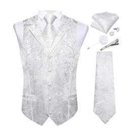 DiBanGu Mens Vest Tie Set 7PCS Silk Paisley Suit Waistcoat and Necktie Hankerchief Cufflinks Lapel Pin Set for Wedding Party, White, Small